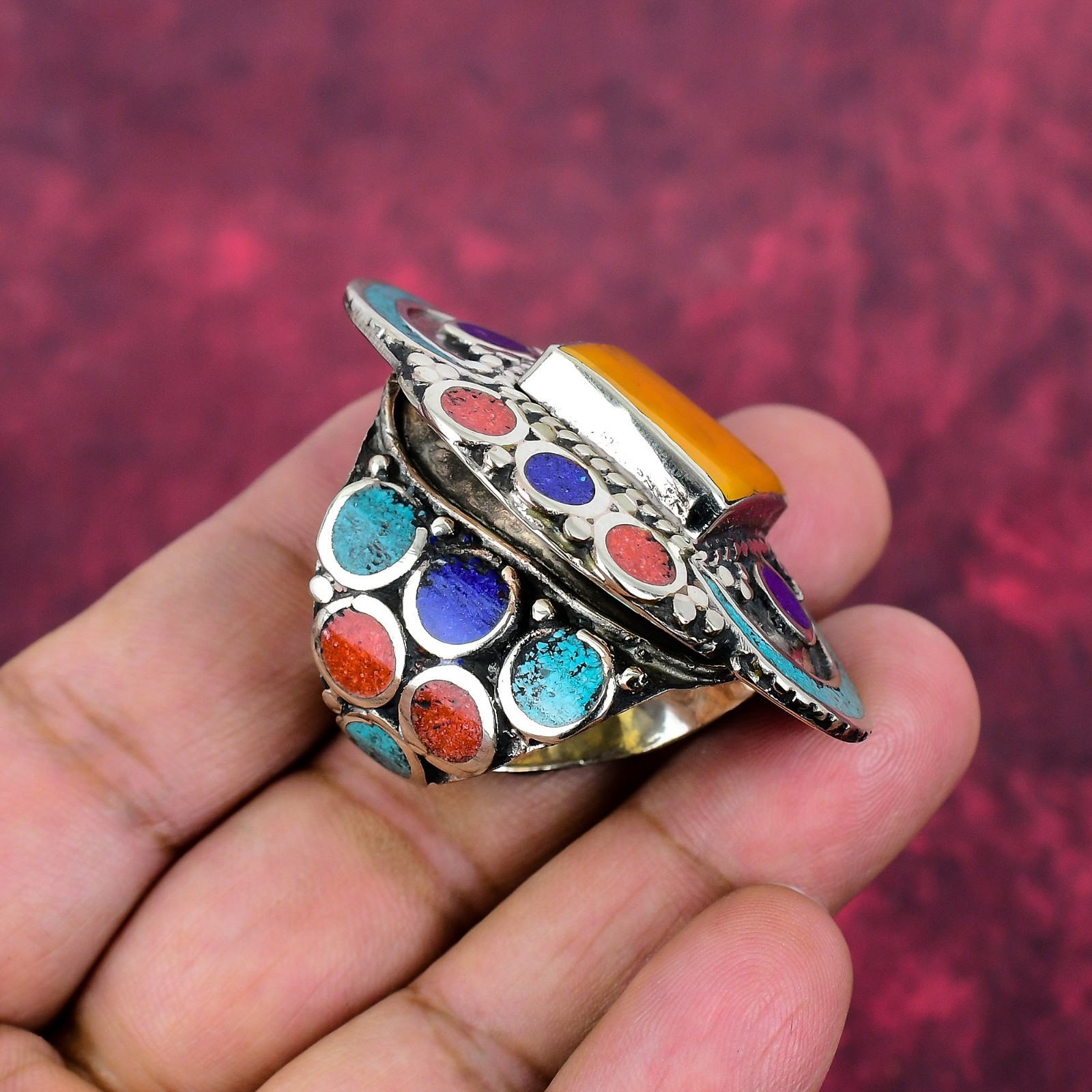 Turquoise & Coral Gemstone Handmade 925 Sterling Silver Nepali Ring Jewelry