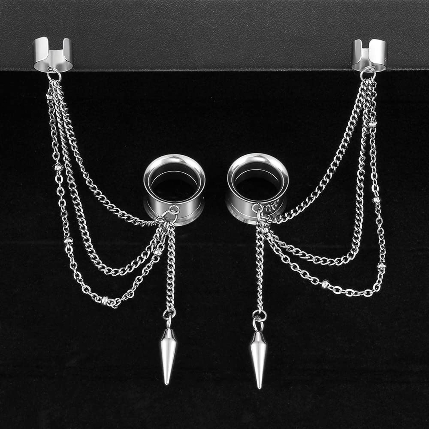 2PCS 6mm-25mm (2G-1″) Trendy Cuff Clip Triple Chain Dangle Ear Plugs Gauges S…