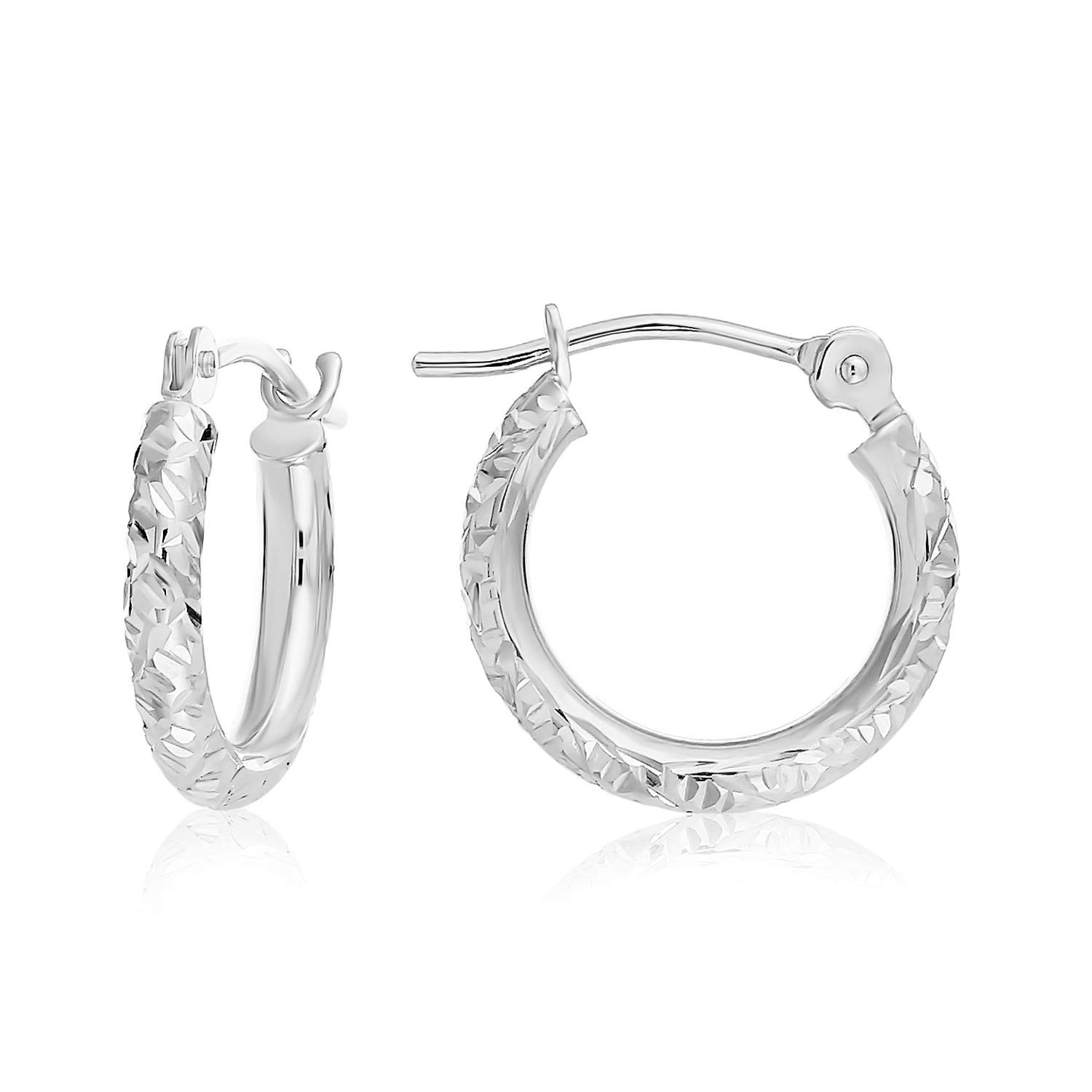 White Gold 14k Hoop Earrings Hand Engraved Diamond Cut Round Design 0.5 Inch