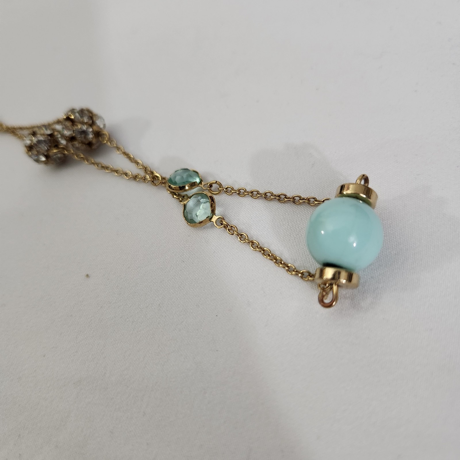 J.Crew Gold Tone Multi Strand Aqua Bead Rhinestone Necklace Signed