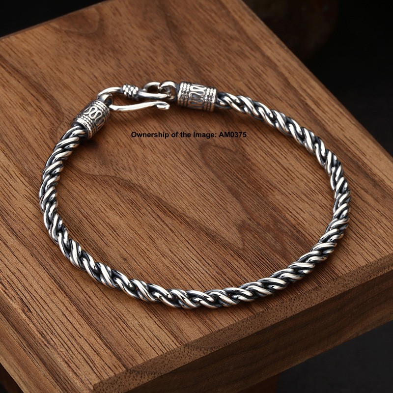 Pure 925 Sterling Silver 4mm Round Rope Link Bracelet Vintage Style 7.9inch