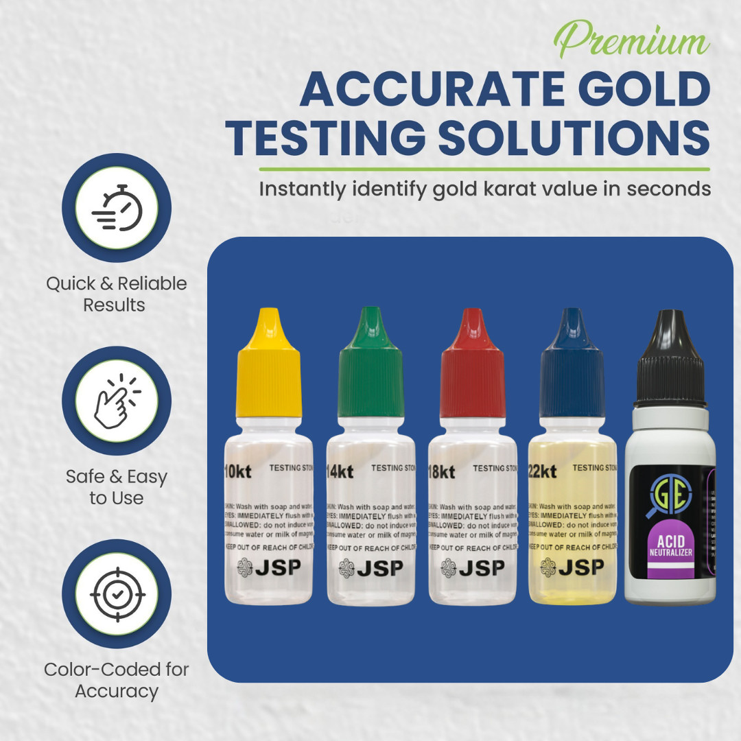 Gold Testing Kit 10k 14k 18k 22k Solutions Acids + Scratch Stone Test