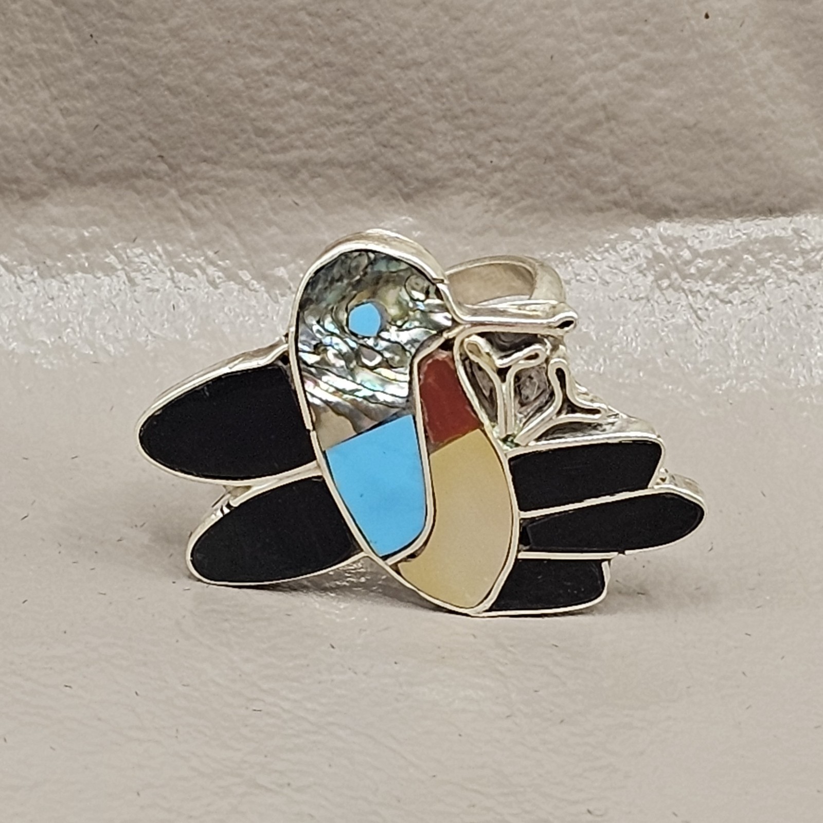 Native American ​Zuni Made Inlay Hummingbird Sterling Ring Multi Stone Size 8