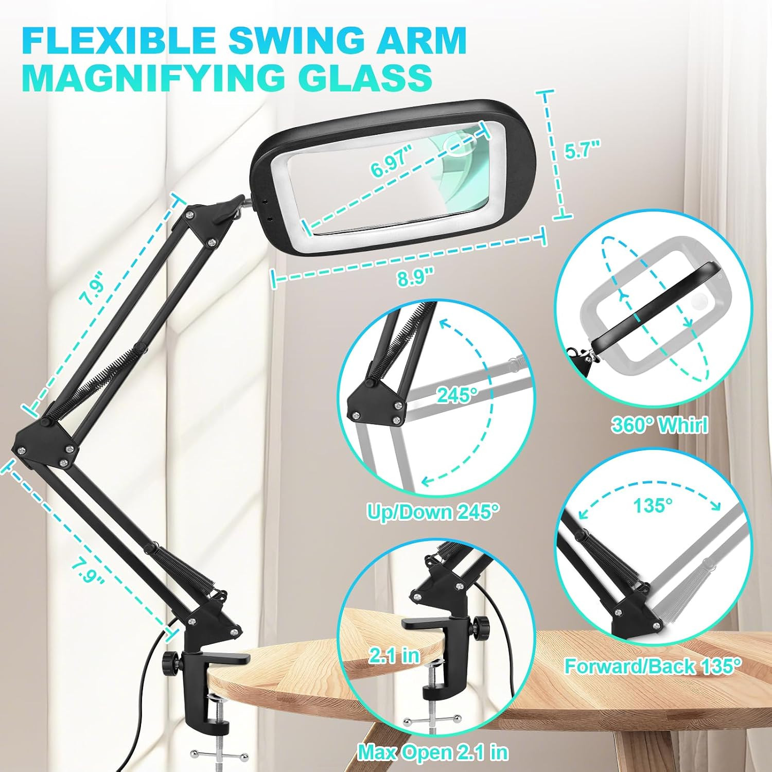 10X 30X Extra Large Magnifying Glass with Light and Clamp, Rectangle Hands Free