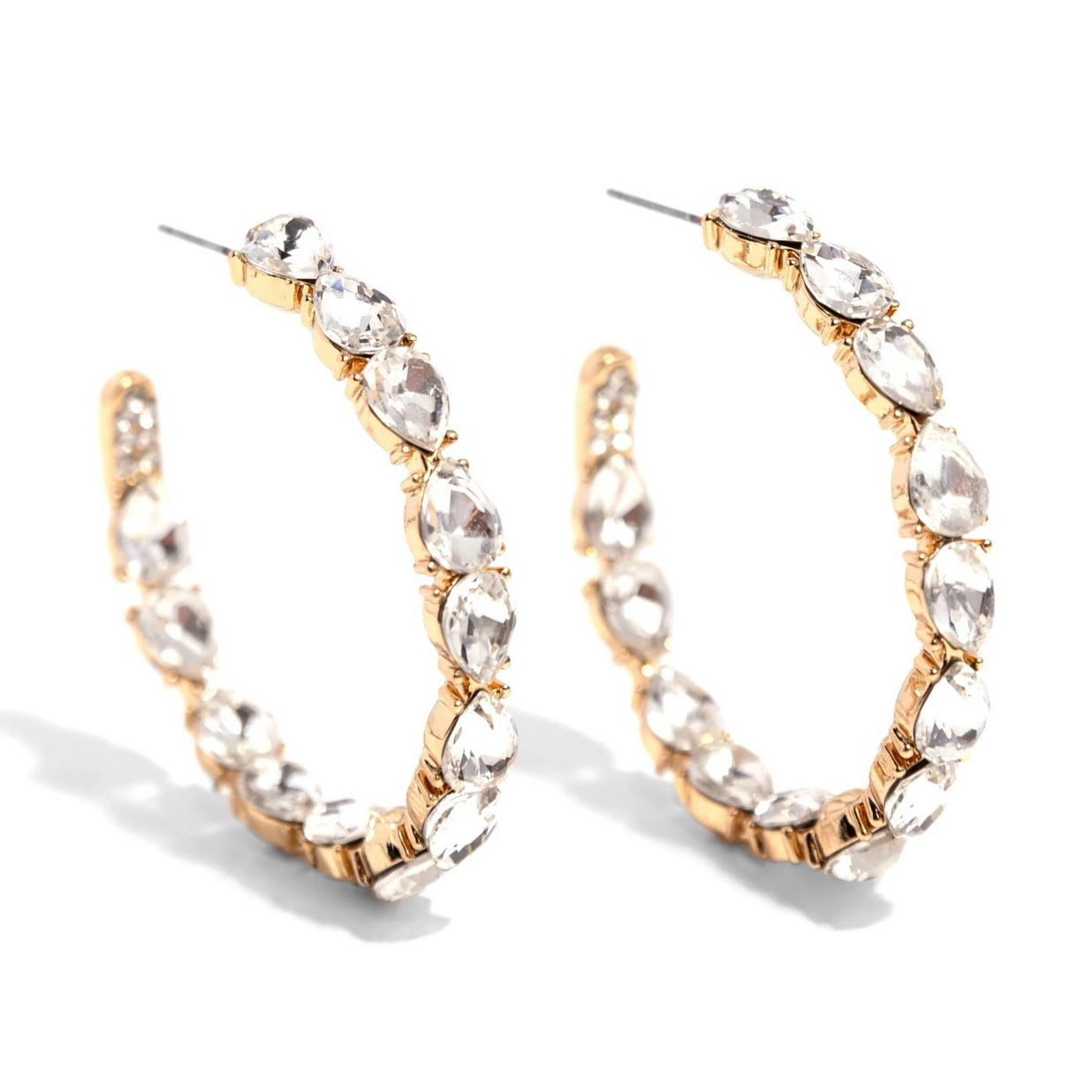 Gold Plated Clear Rhinestone Hoop Post Earrings