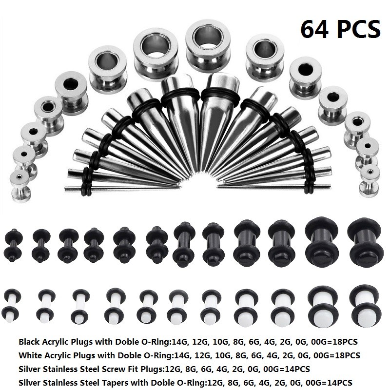 64Pcs Taper Kit Set Tunnel Gauges Acrylic Plug Ear Stretching Expander 14G-00G