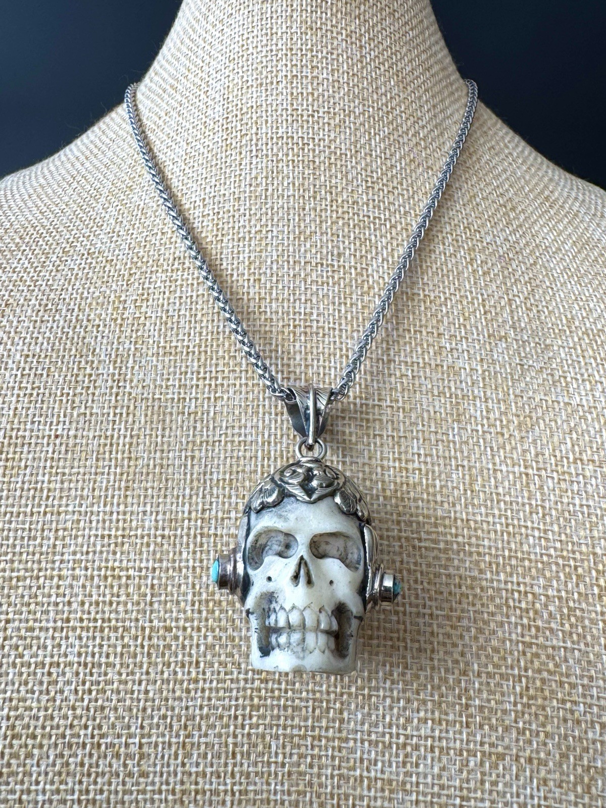 Handcrafted Bone Skull Pendant,Set in Tibetan Silver & Turquoise.2”inch & 27gram
