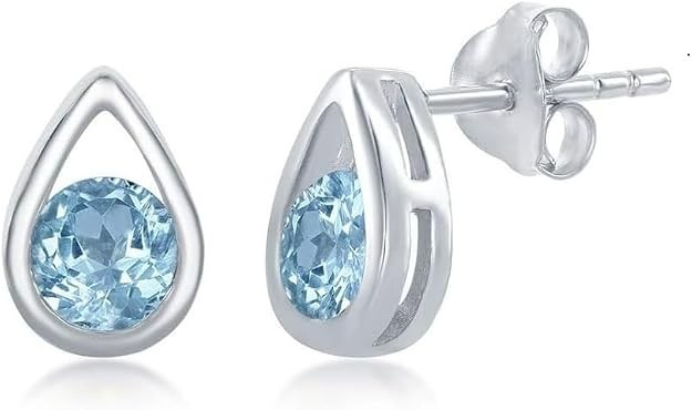 JUS 925 Sterling Silver Swiss Blue Topaz Round Stud Earrings Teardrop Push Back