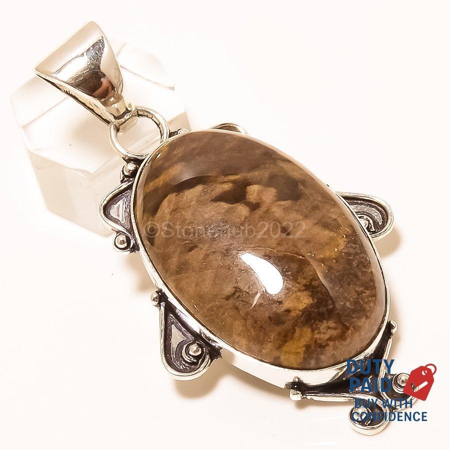 Sterling Silver Natural WOOD JASPER Elegant Channel Set Sister Pendant Jewelry