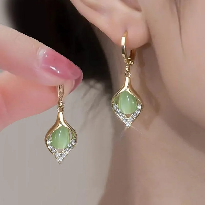 Women’s Gold Hoop Earrings Green Crystal Drop Dangle Elegant Fashion Jewelry New