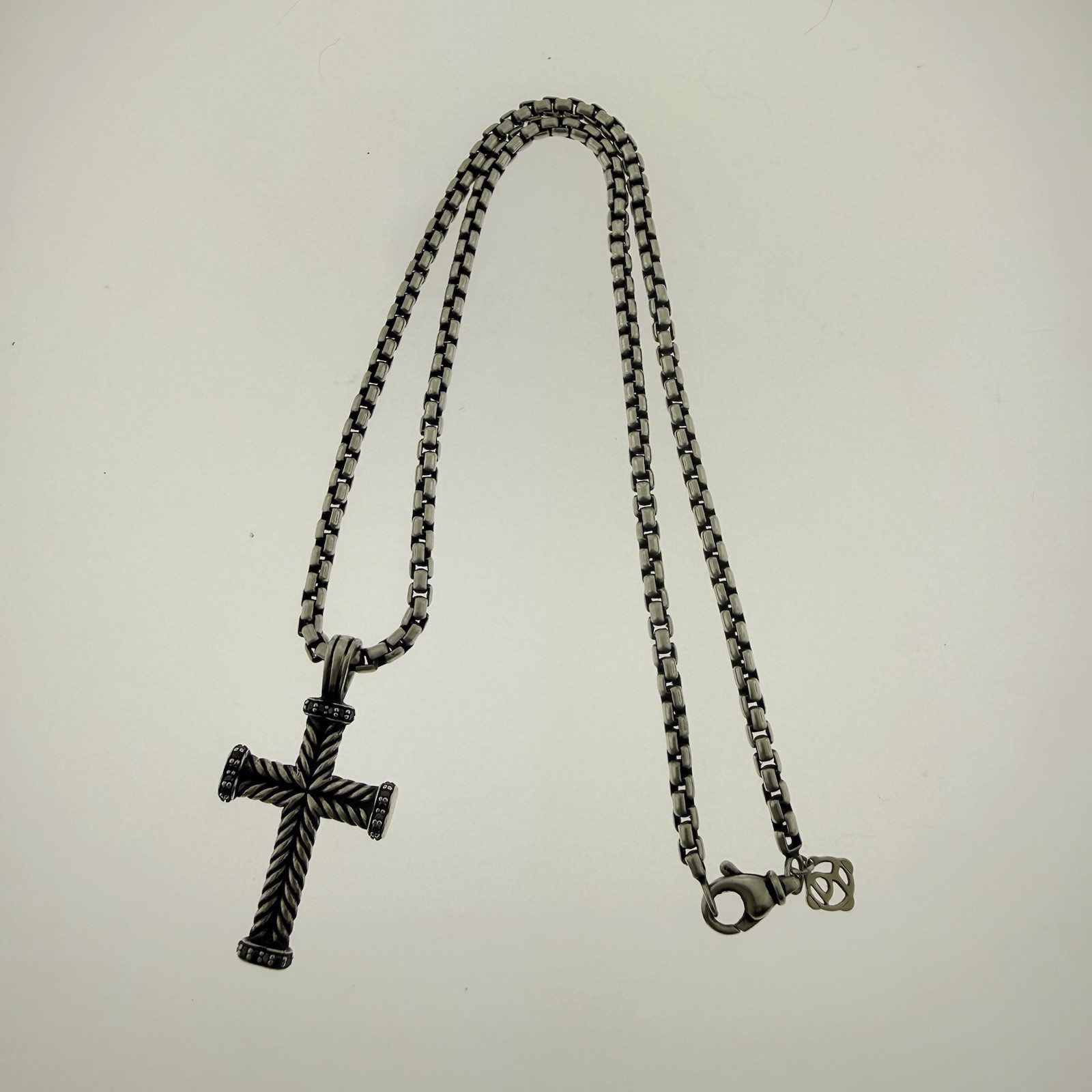 David Yurman Sterling Silver 925 Box Chain & Chevron Cross Pendant Black Diamond