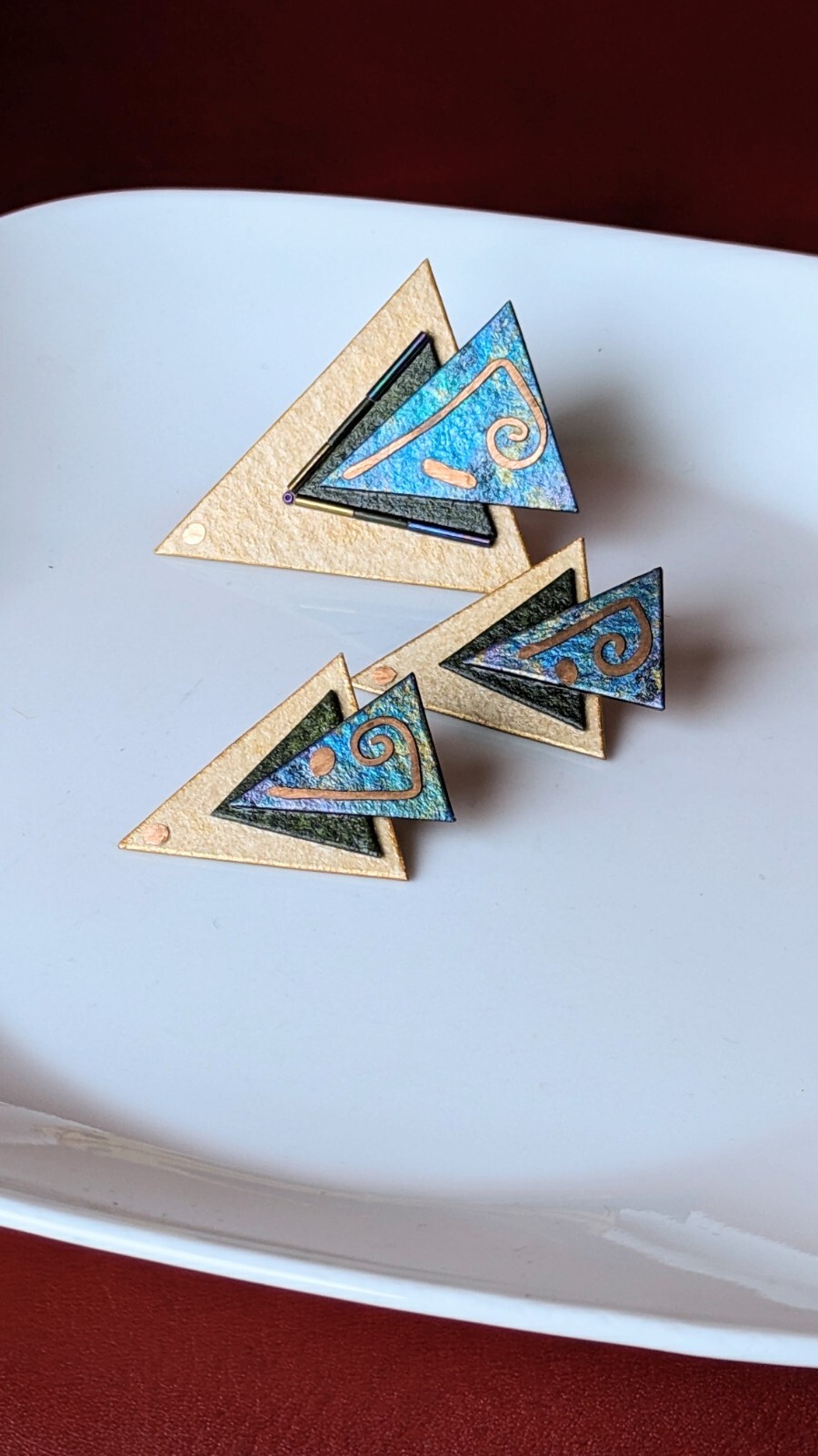 Artisan 3pc SET Gold Blue Green Paper Triangle Brooch & Earrings Modern Abstract