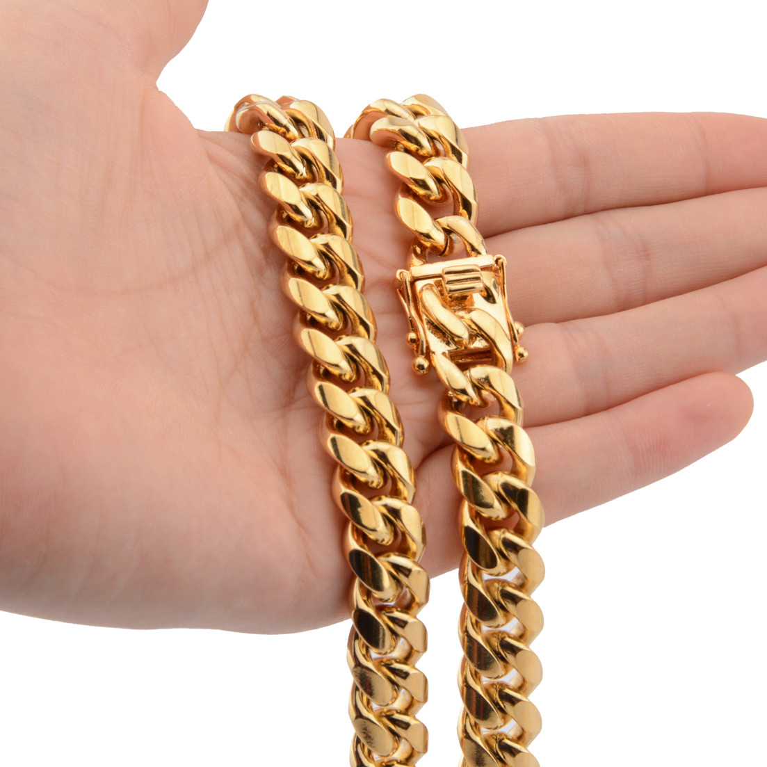 Mens Miami Cuban Link Bracelet or Chain Necklace 18k Gold Plated Stainless Steel