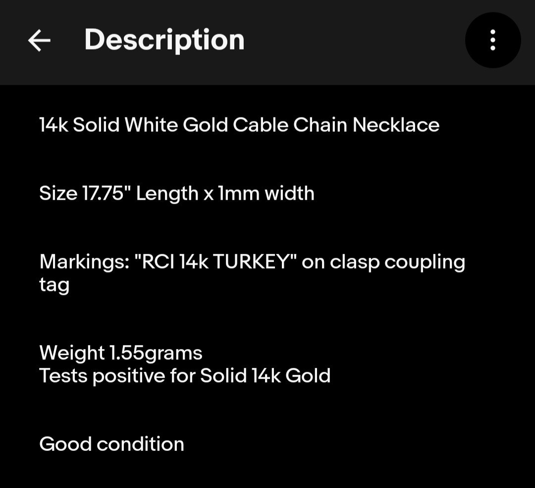14k Solid White Gold Cable Chain Necklace 17.75″ Signed RCI 1mm Turkey 1.55grams