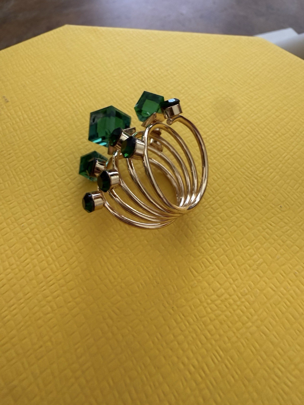Gold Tone Multi-Band Stackable Statement Ring Green Square Crystal Black Size 7