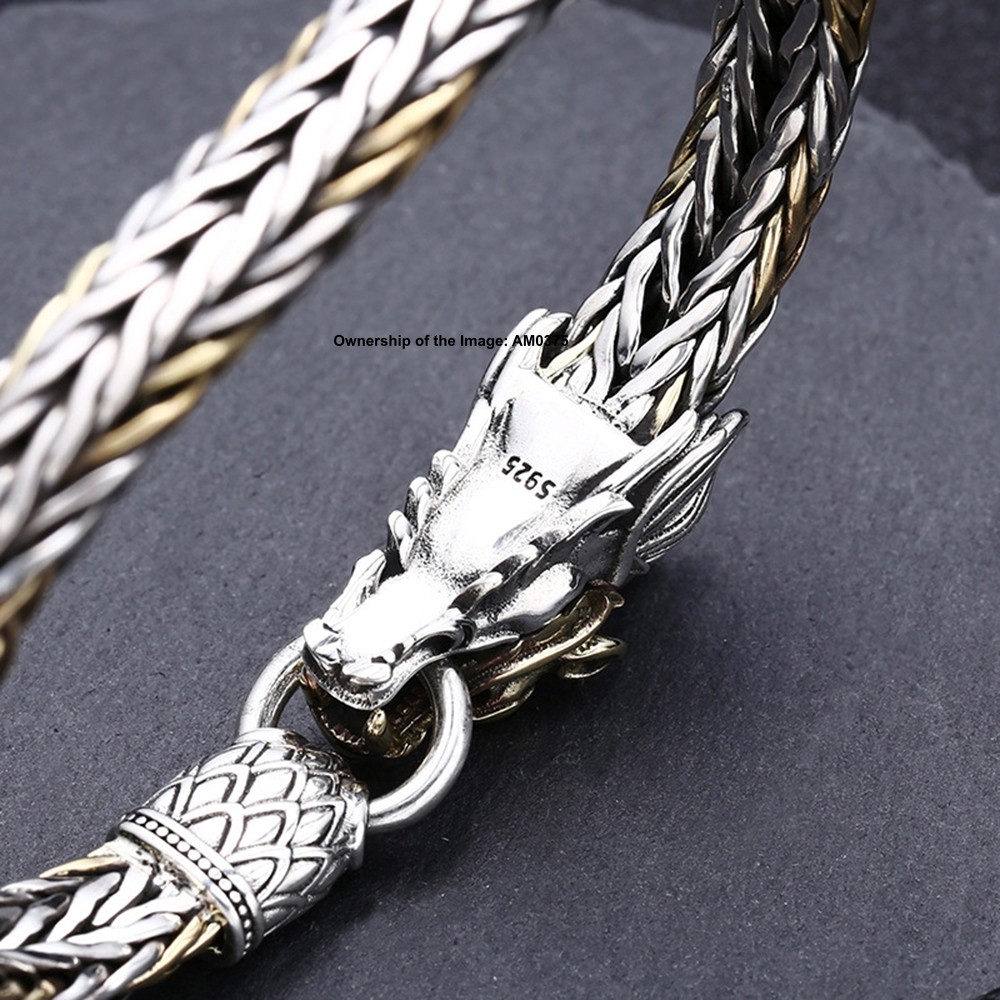 925 Solid Sterling Silver Dragon Head and Wheat Link Chain Bracelet 7.9inch