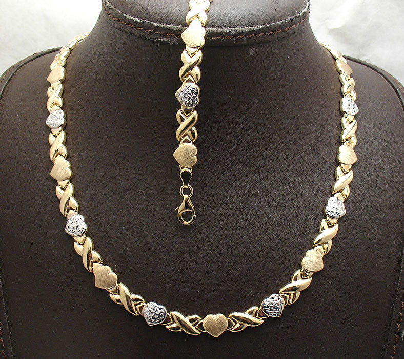Diamond Cut Hearts Kisses Bracelet Necklace Set 10K Two-Tone Gold Plated Silver