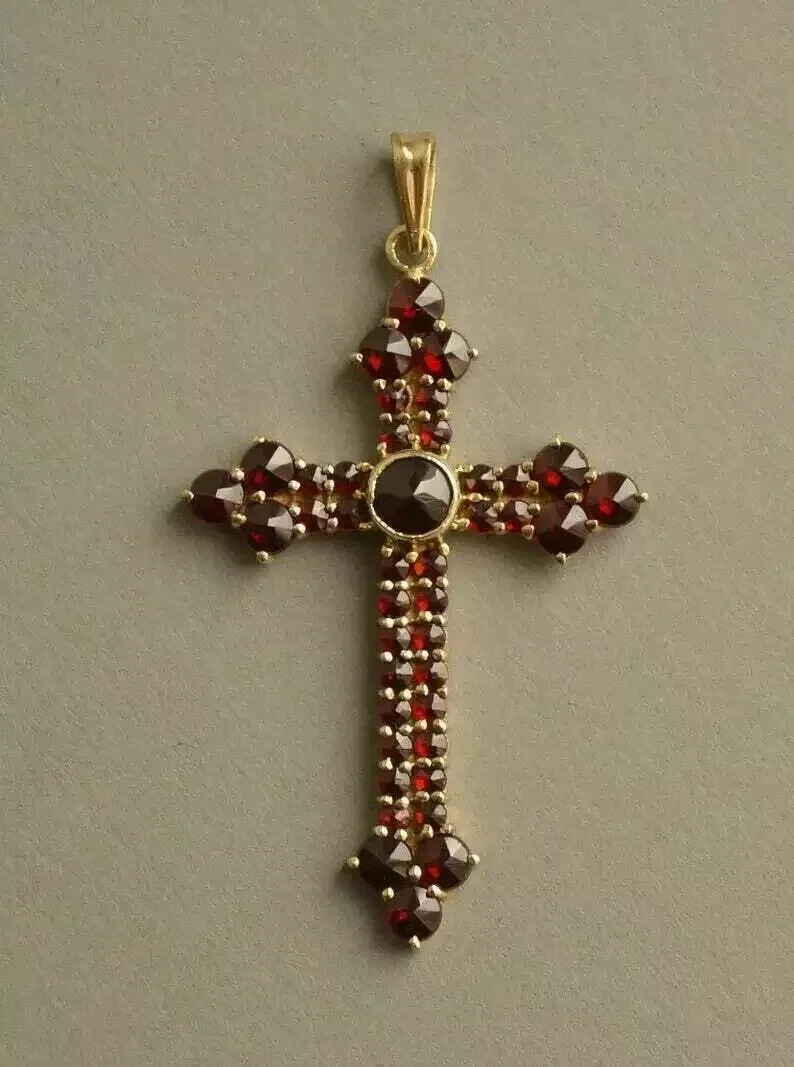 3Ct Round Cut Red Ruby Cross Beautiful Pendant 14K Yellow Gold Finish