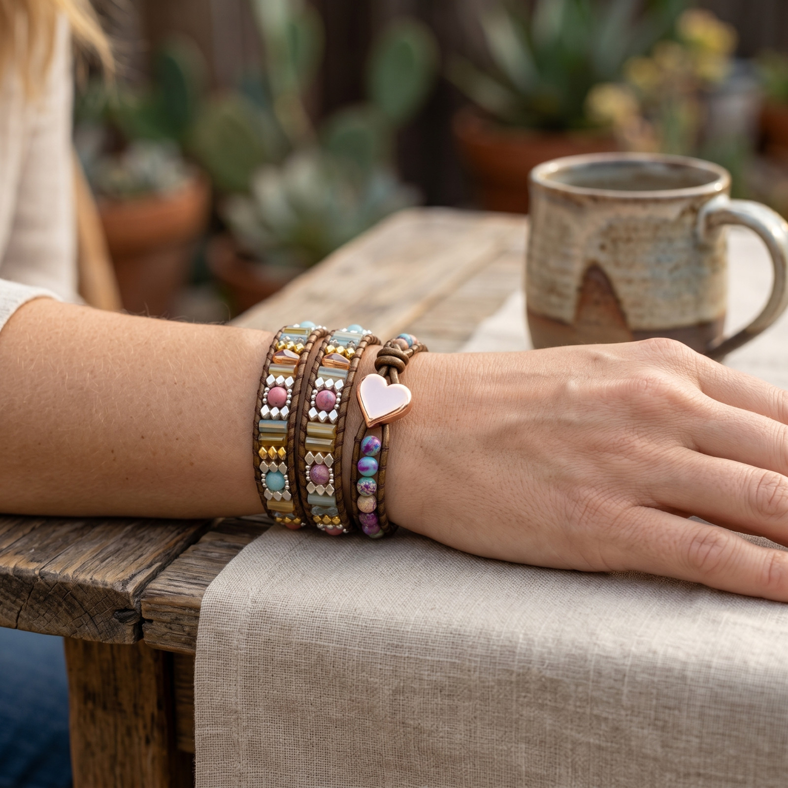Natural Sea Sediment Jasper Leather Wrap Bracelet Handmade Beaded Cord Women’s