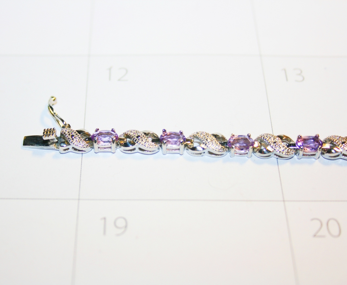 Purple Amethyst Tiny Diamond XO Tennis Bracelet 14k White Gold over Base 7.5 In