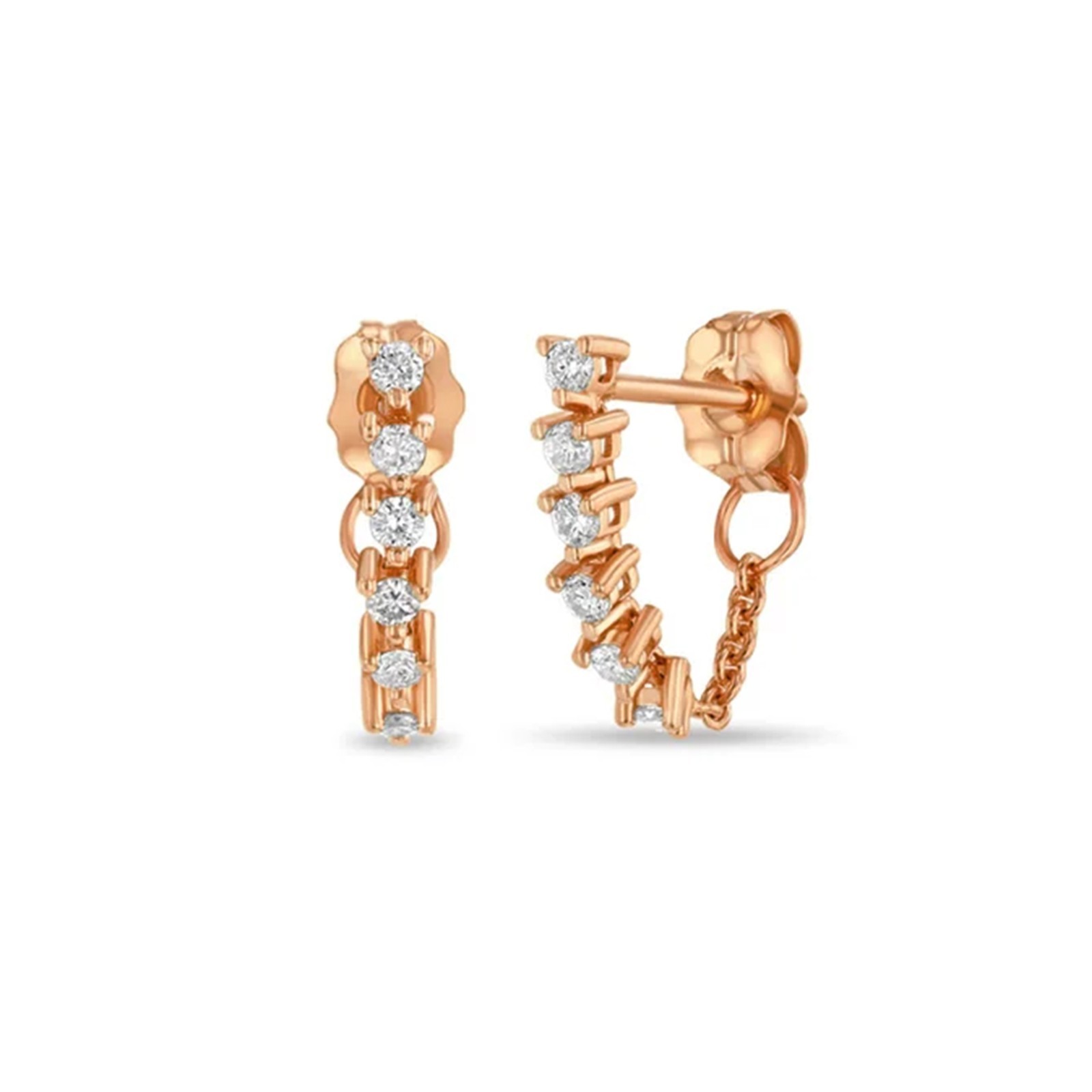 Real Diamond Curved Bar Huggie Stud Earrings Chain Back 14K Solid Gold Hoops