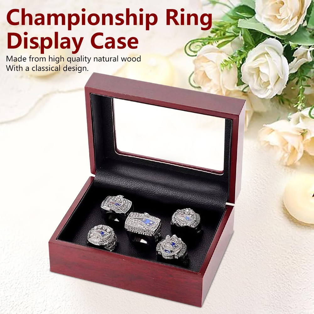 5 Holes Championship Ring Display Case Box Wooden Collection Storage Box Gift US
