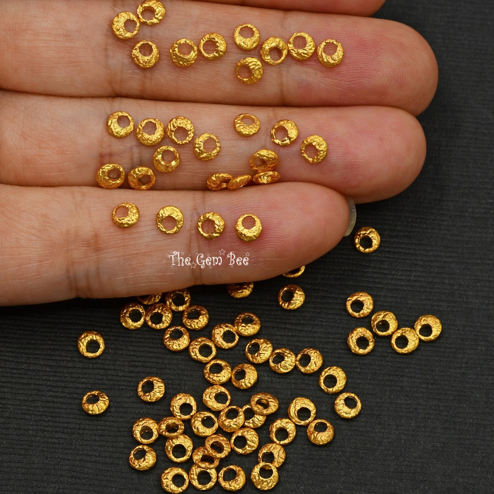 4mm 18k Solid Yellow Gold Hefty Disc Textured Rustic Nugget Spacer Beads (5)
