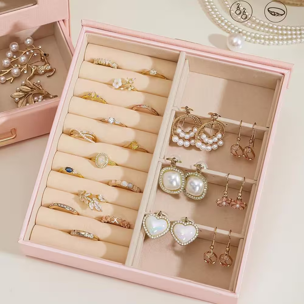 Peach Pink 7 In. X 9 In. Polyurethane Modern Jewelry Box with 3-Drawers