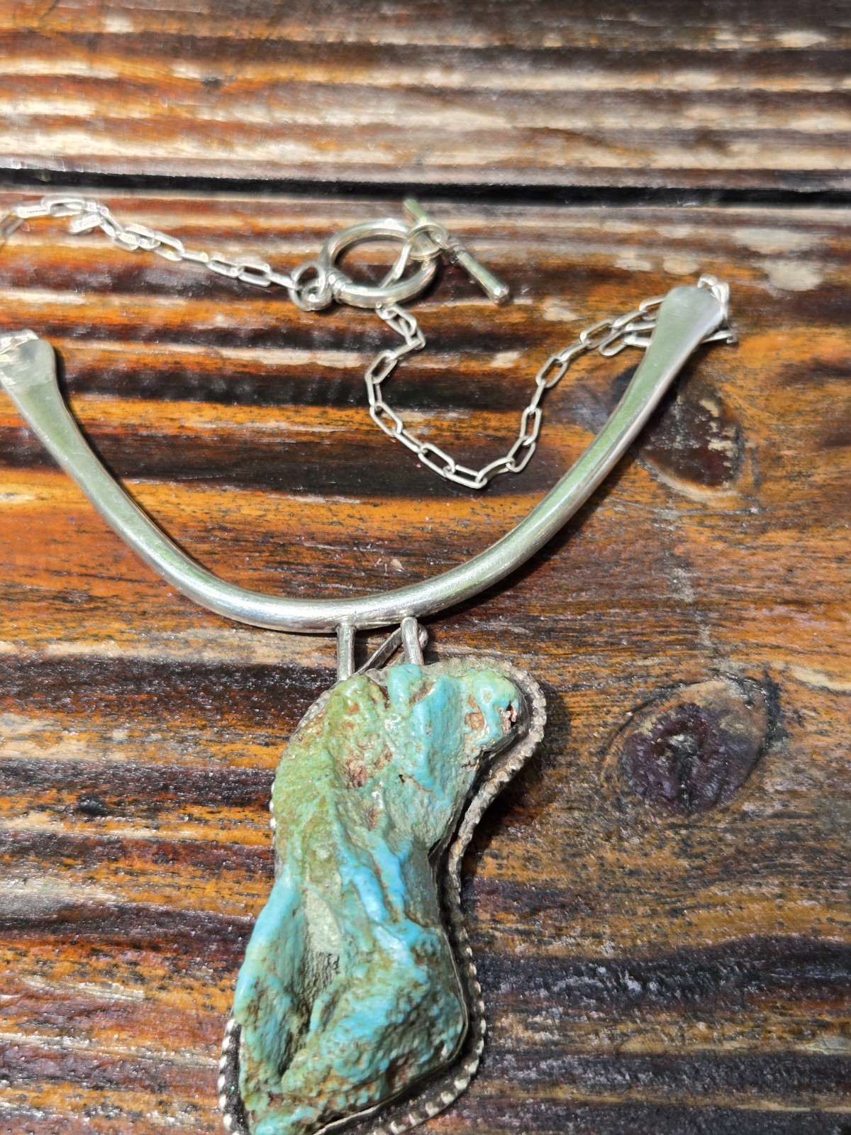 Handcrafted Silver Turquoise Freeform Bezel Pendant Necklace Cable Chain