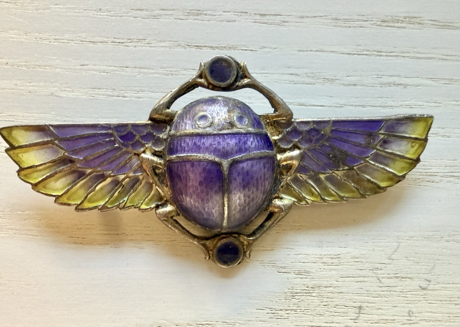 Egyptian Revival Plique A Jour Enamel Winged Scarab Brooch Pin Art Deco, Silver
