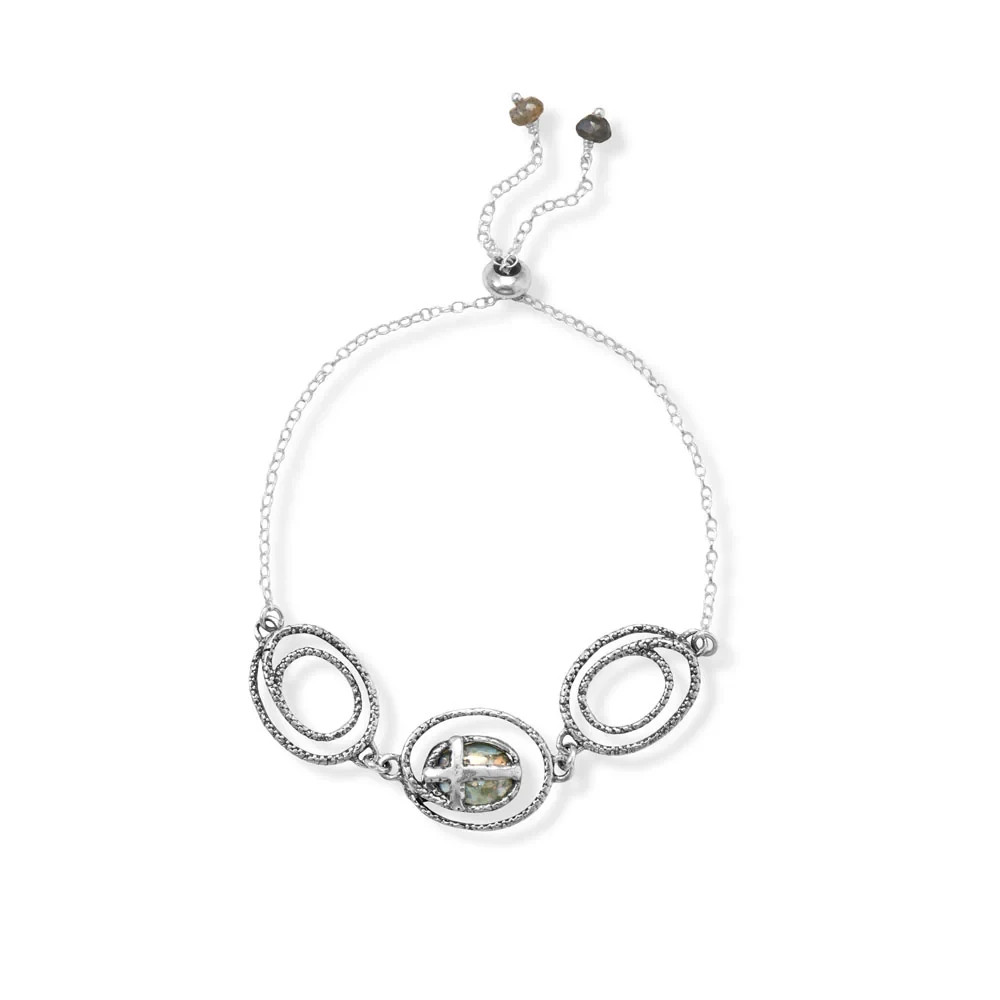 Adjustable Roman Glass and Cross Bolo Bracelet- .925 Sterling Silver-NEW