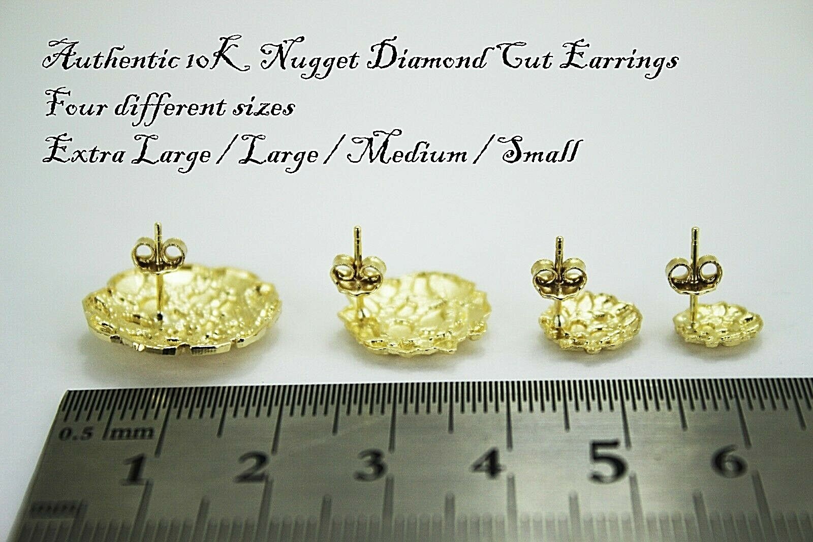 10K Gold Authentic Nugget Round Diamond Cut Stud Earrings for Men Women 4 Sizes
