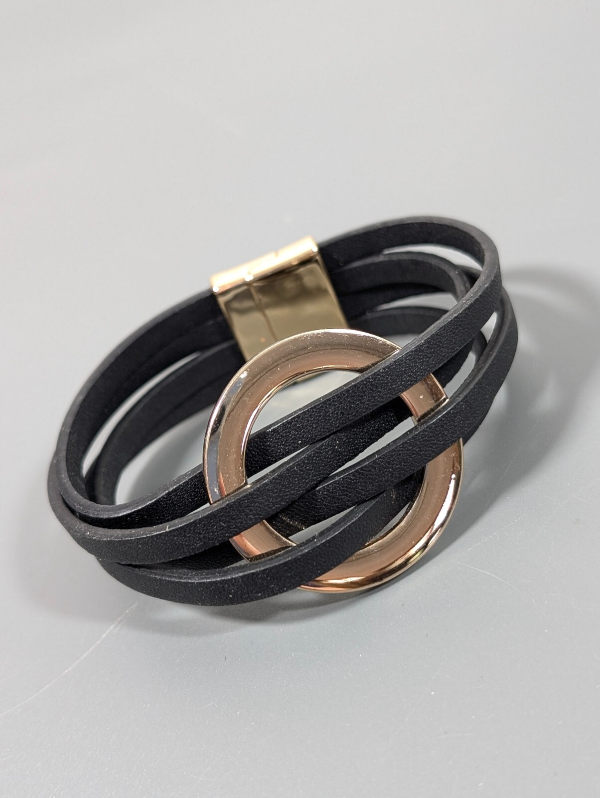 Gold Tone Black Faux Leather Multi Cord Magnetic Clasp Bracelet 6.5 in Boho