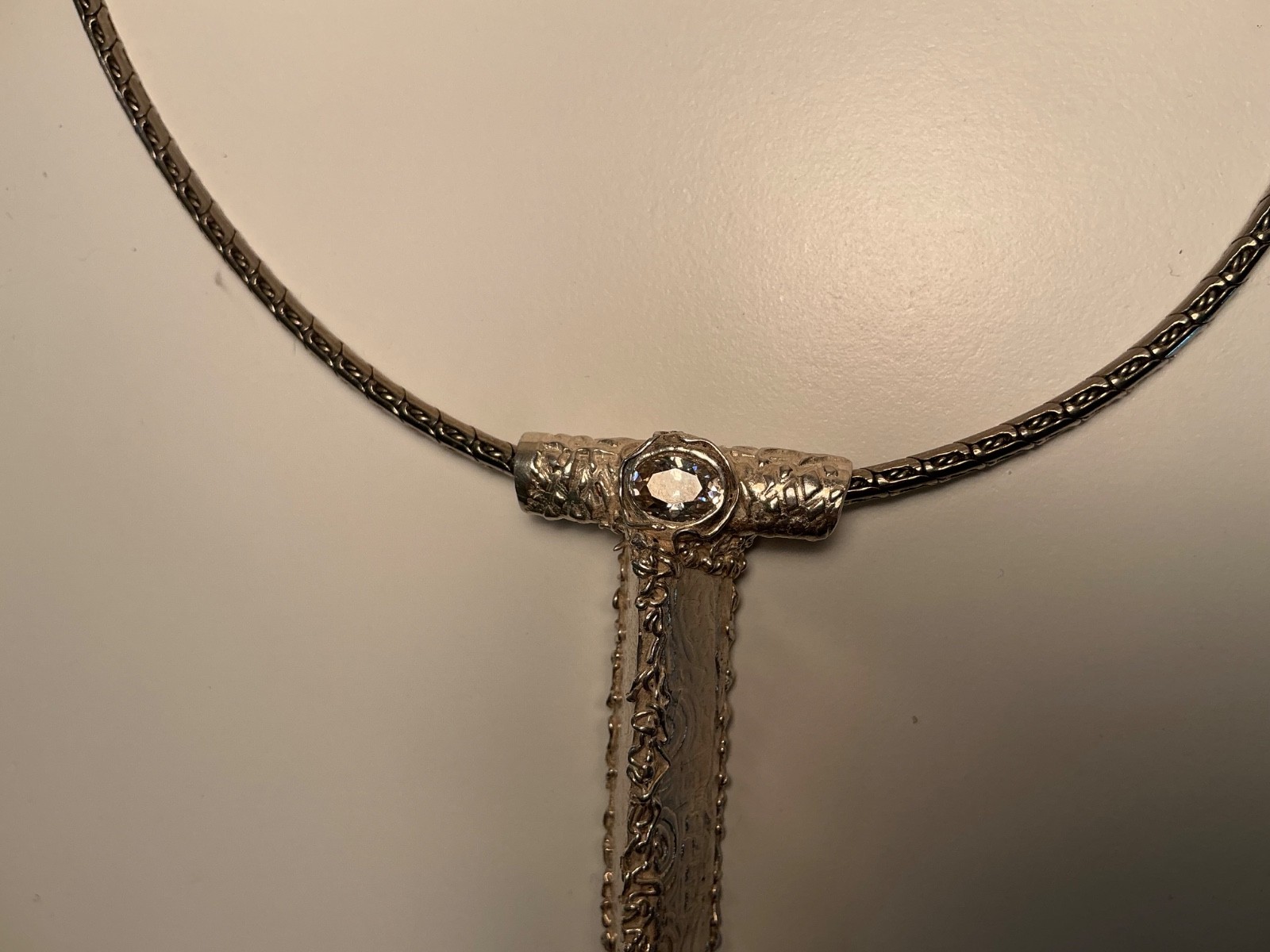 STERLING SILVER WHITE TOPAZ ARTISAN HAND FORGED CROSS ON 18” NECKLACE 47gms