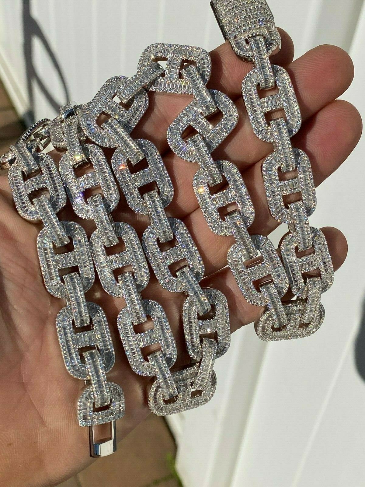 Solid 925 Sterling Silver Baguette Gucci Link Chain Iced 15mm Thick Bust Down CZ
