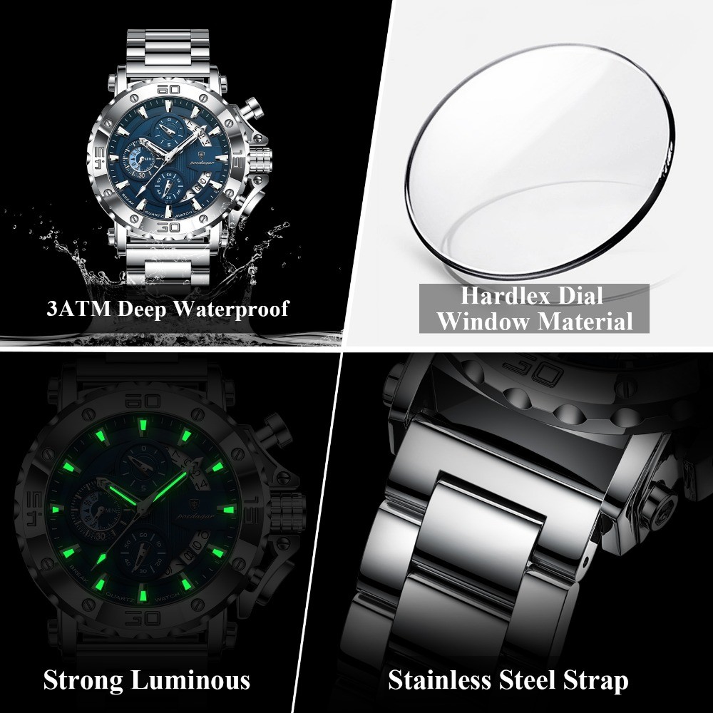 POEDAGAR Luxury Men’s Calendar Luminous Waterproof Stainless Steel Quartz Watch