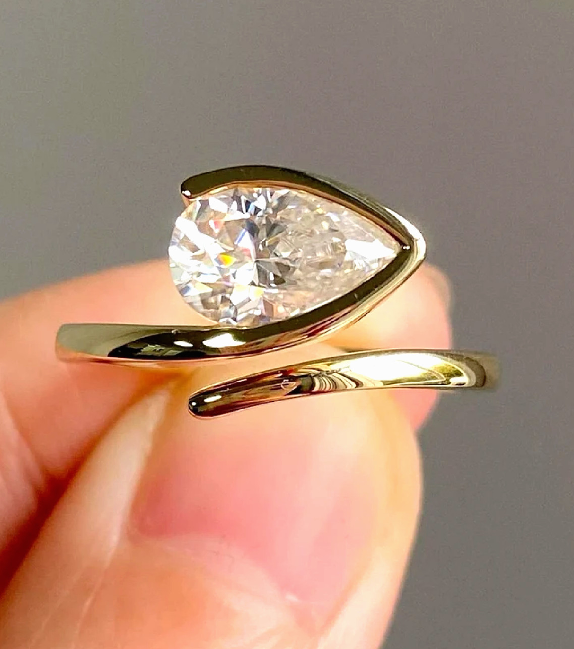 14K Yellow Vermeil Gold Bezel East West 1.5 Ct Pear Moissanite Solitaire Ring