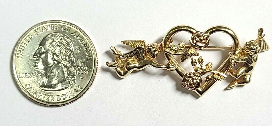 VINTAGE ANGEL 14K SOLID YELLOW & ROSE GOLD PIN BROOCH HEAVEN HEART LOVE