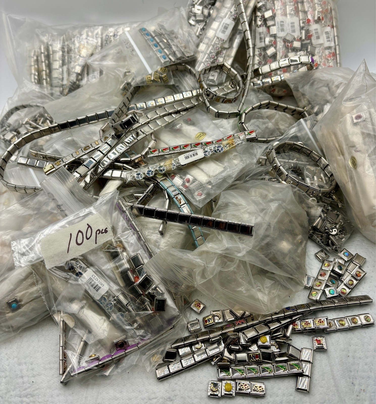 100 Pcs Italian Charm Links For Bracelets Jewelry Stainless Mixed Lot-Gems-Novel