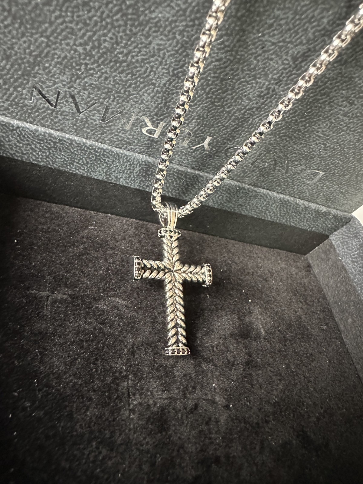 David Yurman Sterling Silver / Black Diamonds Chevron Cross Pendant Length 22″