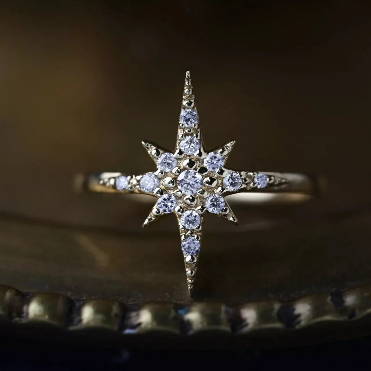 1.30 Ct Round Cut Real Moissanite Engagement Star Ring 14k Yellow Gold Plated