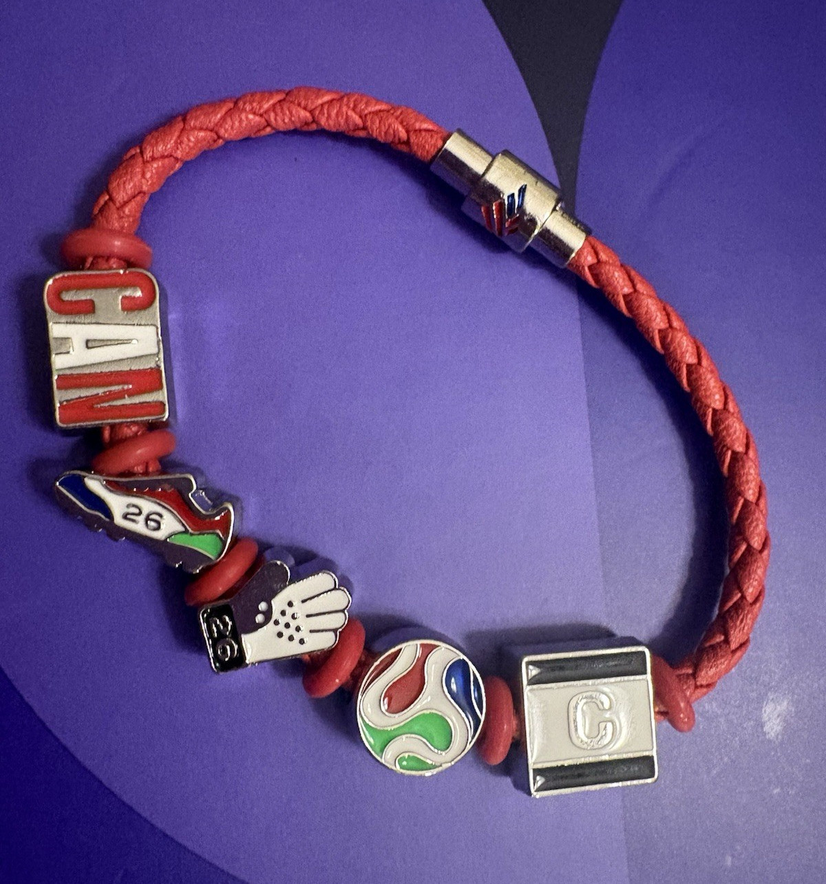 Red Braided Faux Leather Sports Charm Bracelet, Beaded, Silver Magnetic Clasp