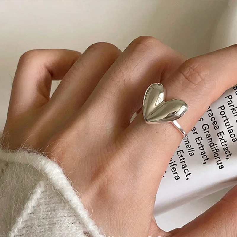 LATS Silver LOVE Heart Ring Simple Smooth Korean Fashion Jewelry for Women