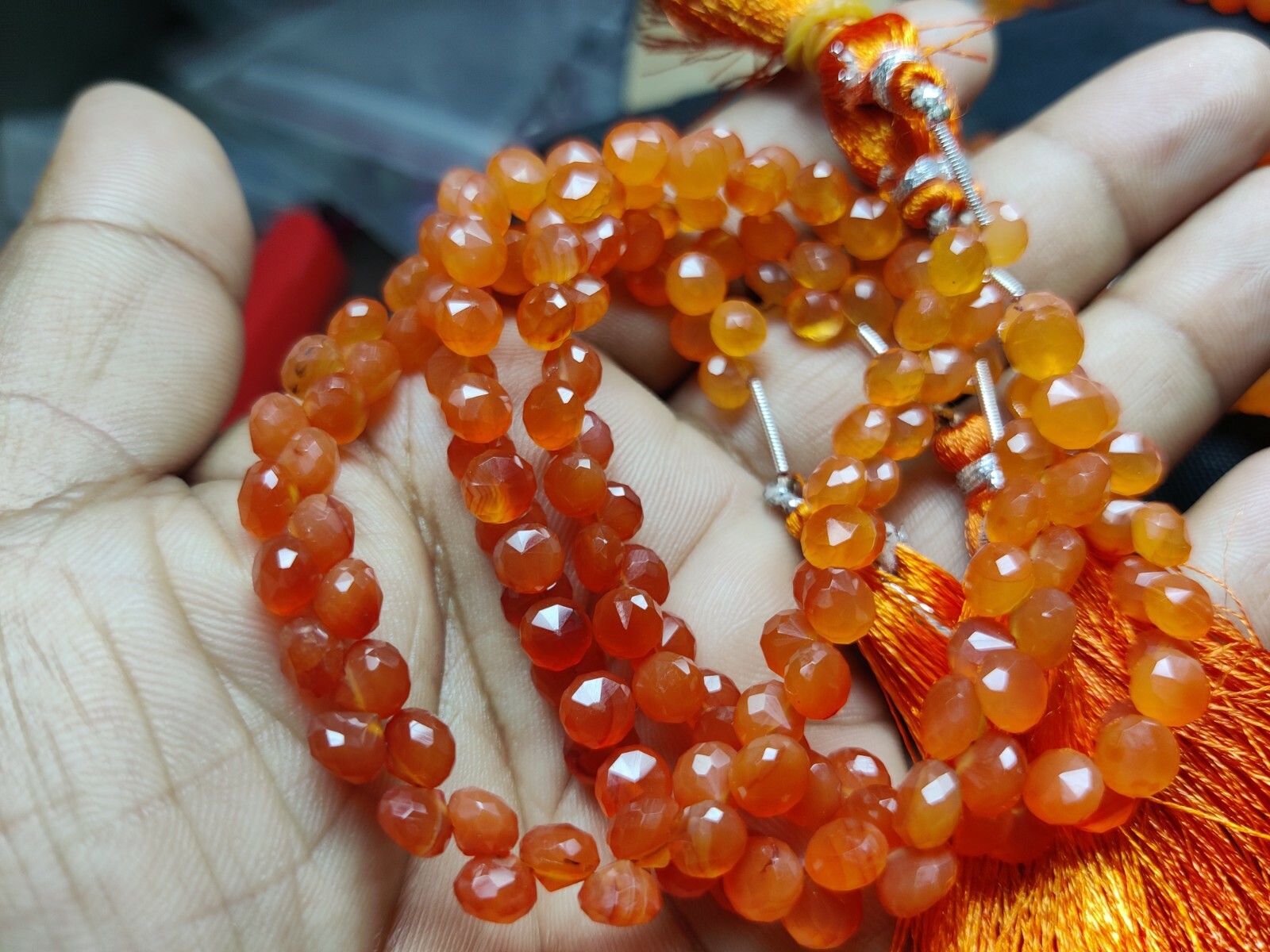 AAA TINY CARNELIAN GEMSTONE ONION BRIOLETTE FACETED  6-6.5 MM BEADS 7″ STRAND