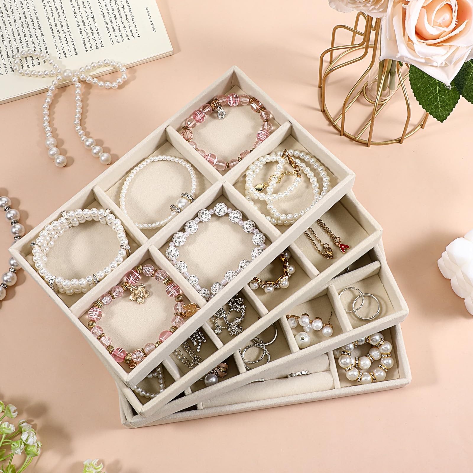 Oqqlin 4 Pcs Stackable Jewelry Organizer Trays, 8 x 5 x 1 Inch Velvet Beige