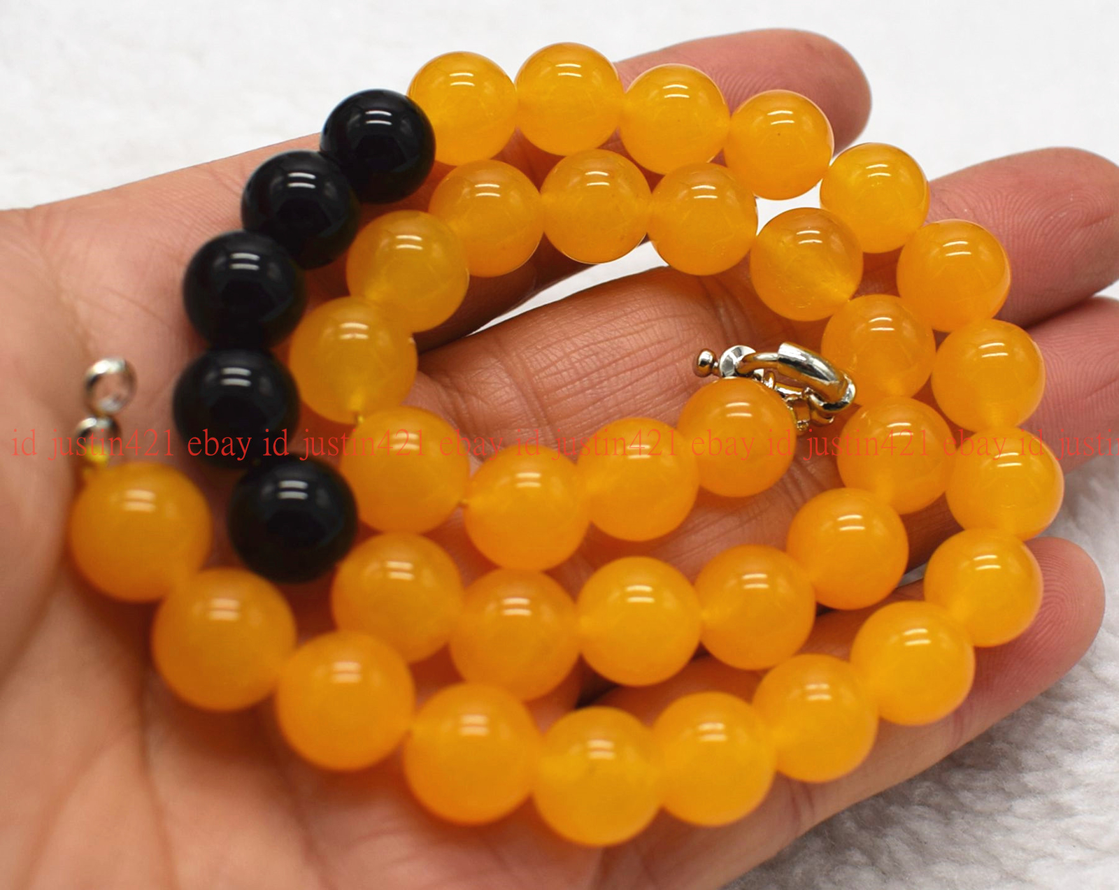 6/8/10/12mm Yellow Topaz Round Gems & Black Agate Necklace Bracelet 18/7.5″ AAA