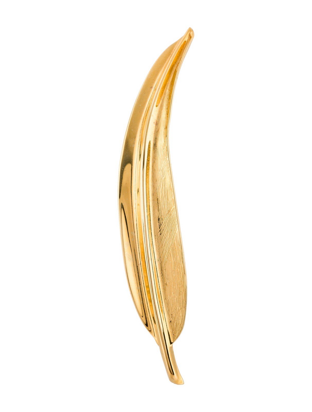 Vintage Christian Dior Feather Bird Leaf Glossy Gold-Tone Long Bar Brooch Pin