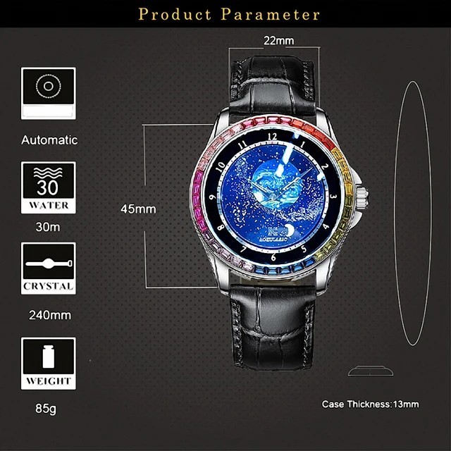 Luxury Rotating Star Dial Rainbow Case Automatic Men’s Watch Leather Strap