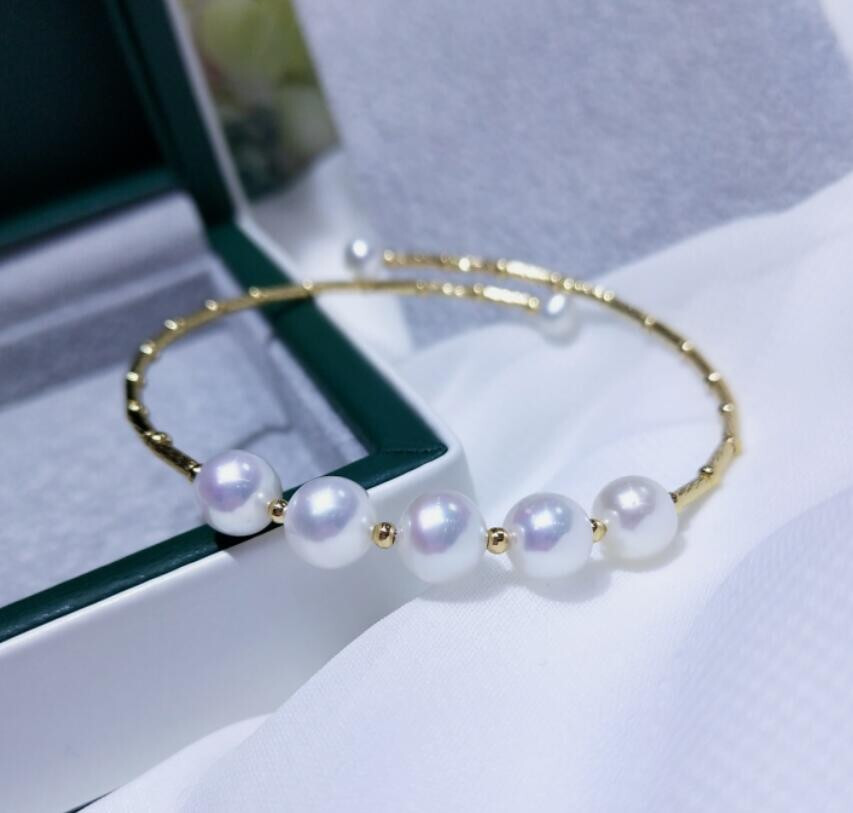 Charming 18K gold AAA+ real 6-6.5mm white akoya round pearl bracelets