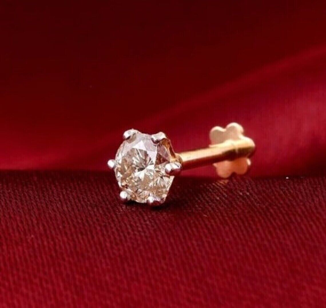 3MM Round Cut Natural Diamond Solitaire Nose Pin Screw Piercing 14K Yellow Gold